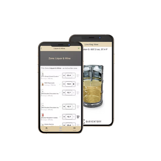 Barventory mobile app showing a liquor and wine inventory zone alongside a live keg view